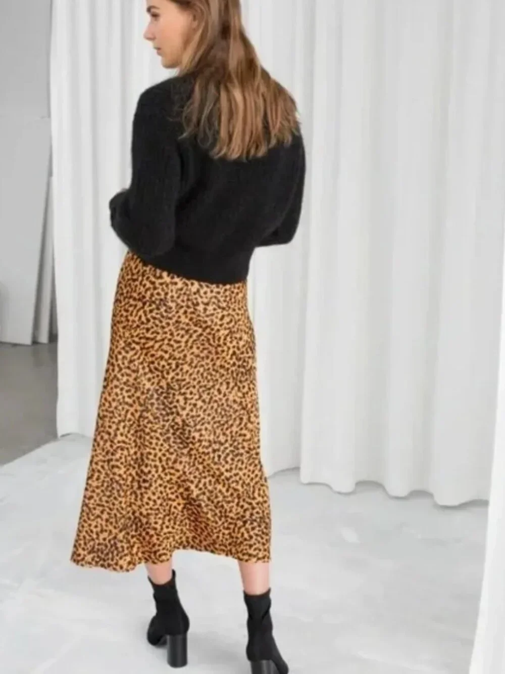 & Other Stories Leopard Cheetah Print Satin Bias Cut A-Line Midi Skirt
